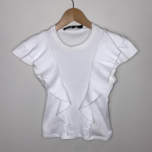 Veronica Beard‎ Jeans Ribbed White Ruffled Cotton Short Sleeve Top Size XS - Picture 1 of 6